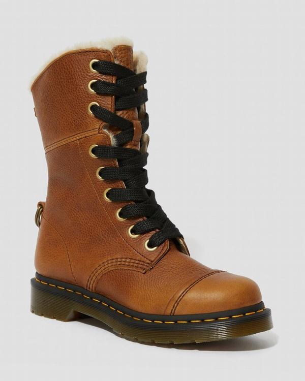 Dr Martens Dámské Vysoké Boty Fur-lined Aimilita Grizzly Hnědé, CZ-480631